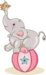 Cute elephant balancing on ball with little bird
