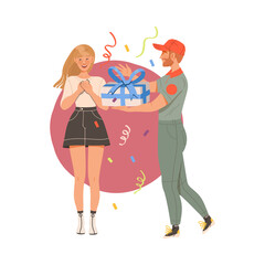 Man Courier in Orange Cap Delivering Gift to Woman for Special Occasions Like Birthday or Holiday Vector Illustration