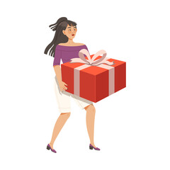 Happy Woman Carrying Wrapped Gift Box for Special Occasion Like Birthday or Holiday Celebration Vector Illustration