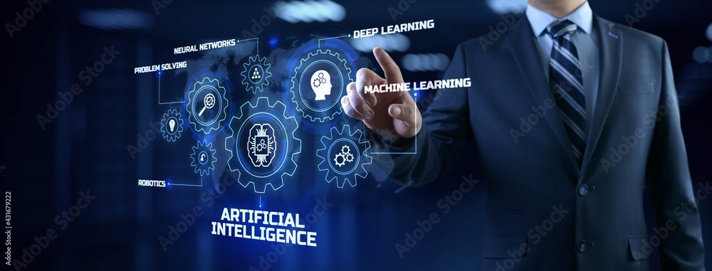 Poster ai artificial intelligence neural network machine learning modern technology concept. businessman pr