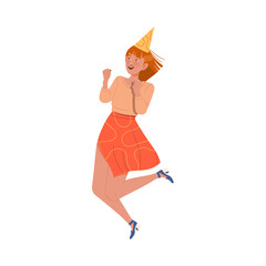 Young Female in Birthday Hat Jumping with Joy and Excitement in Anticipation of Festive Gifts Vector Illustration