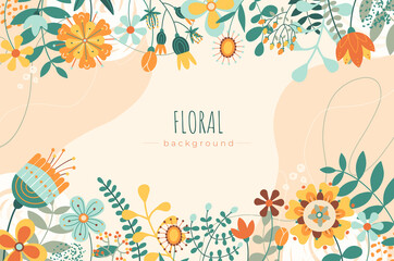 Horizontal colorful floral background.Border of flowers decoration element.Greeting card design template.Spring season banner.Modern vector illustration for invitation, cover, banner, web, printable