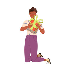 Excited Man Receiving Wrapped Gift Box for Special Occasion Like Birthday or Holiday Celebration Vector Illustration