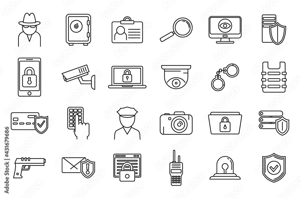 Poster security service scan icons set, outline style