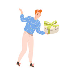 Excited Man Receiving Wrapped Gift Box for Special Occasion Like Birthday or Holiday Celebration Vector Illustration