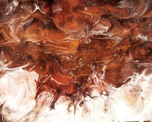 Fluid brown and white art texture. Background with abstract swirling paint effect. Liquid acrylic pattern.