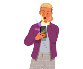 Male Looking in His Smartphone Raising His Eyebrows in Surprise or Astonishment Vector Illustration