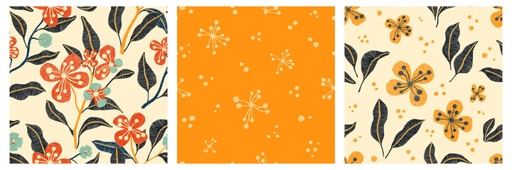 Set of seamless floral patterns in the style of a punch needle. Embroidery print for home decor. Vector illustration.