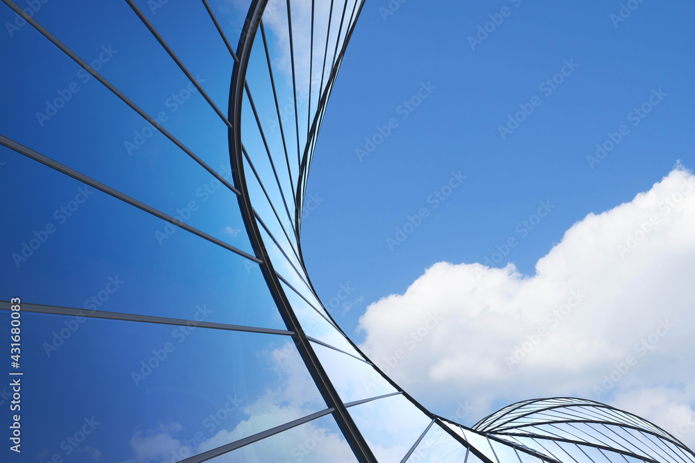 Aufkleber Low angle view of futuristic architecture, Skyscraper of office building with curve glass window, 3D rendering.