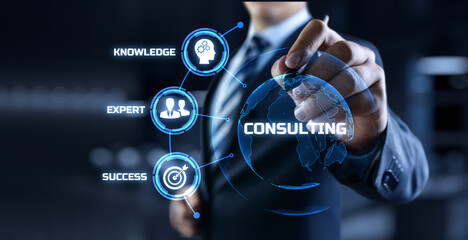 Consulting service business concept. Businessman pressing button on screen