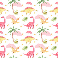Hand painted watercolor dinosaurs seamless pattern with palm tree, on a white background. Dino background for children