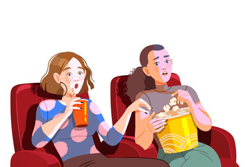 Female Friends Watching Movie at the Cinema Gasping in Astonishment Vector Illustration