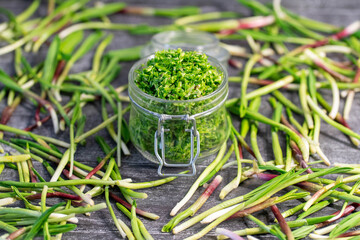 Wild leek pesto with olive oil in a glass jar on a wooden table. Useful properties of wild garlic. Fresh bear onion leaves.