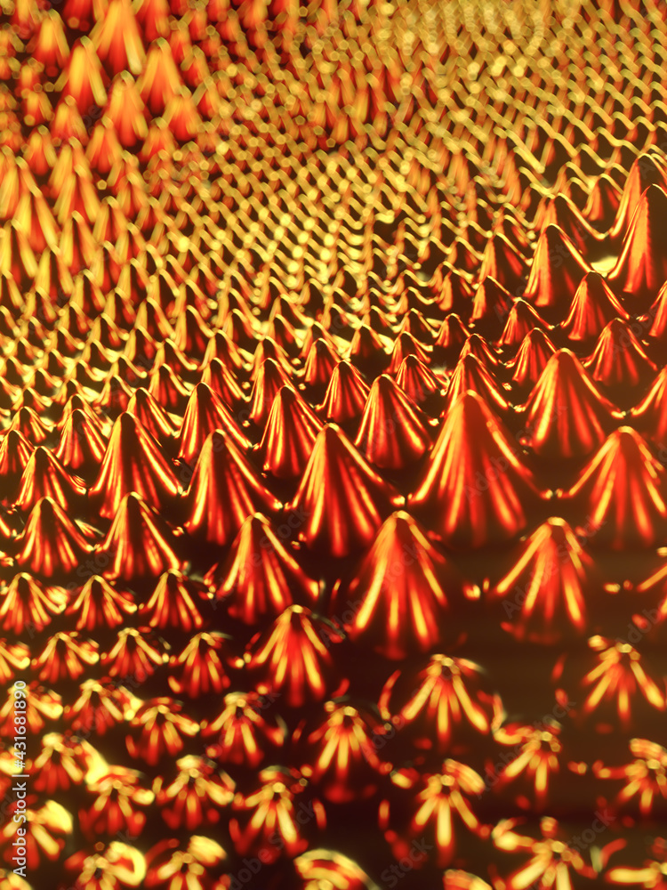 Poster abstract ferromagnetic golden fluid modern luxury design template with depth of field. 3d rendering 