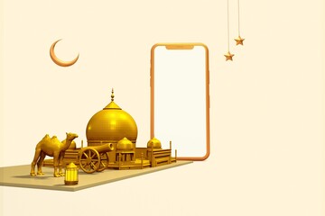 Elegant Ramadan celebration banner with crescent moon hidden mosque and Eid Mubarak aside, meaning happy holiday, 3D eid phone mockup, 3D illustration