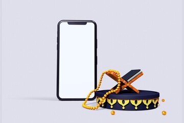 Elegant Ramadan celebration banner with crescent moon hidden mosque and Eid Mubarak aside, meaning happy holiday, 3D eid phone mockup, 3D illustration