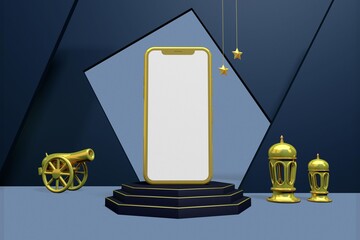 Elegant Ramadan celebration banner with crescent moon hidden mosque and Eid Mubarak aside, meaning happy holiday, 3D eid phone mockup, 3D illustration