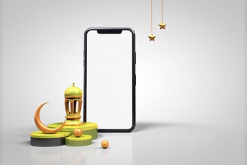 Elegant Ramadan celebration banner with crescent moon hidden mosque and Eid Mubarak aside, meaning happy holiday, 3D eid phone mockup, 3D illustration