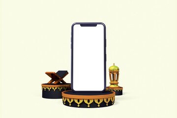Elegant Ramadan celebration banner with crescent moon hidden mosque and Eid Mubarak aside, meaning happy holiday, 3D eid phone mockup, 3D illustration