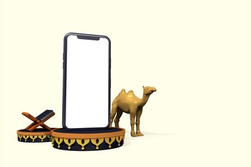 Elegant Ramadan celebration banner with crescent moon hidden mosque and Eid Mubarak aside, meaning happy holiday, 3D eid phone mockup, 3D illustration