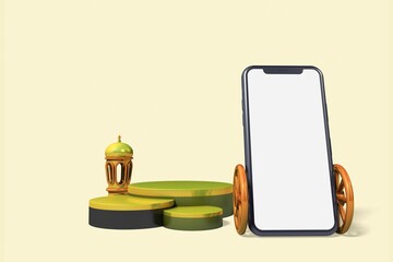 Islamic background, lantern, gold crescent moon on white. Design concept of ramadan kareem, eid al fitr adha, 3D eid phone mockup idea, 3D illustration.