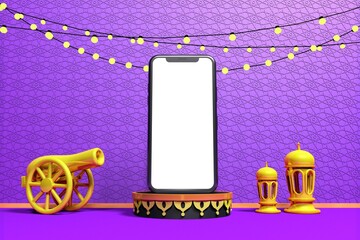 Islamic background, lantern, gold crescent moon on white. Design concept of ramadan kareem, eid al fitr adha, 3D eid phone mockup idea, 3D illustration.