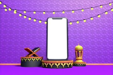Islamic background, lantern, gold crescent moon on white. Design concept of ramadan kareem, eid al fitr adha, 3D eid phone mockup idea, 3D illustration.