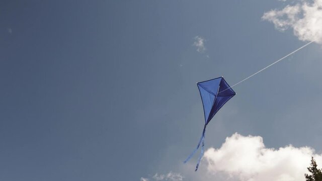 A blue kite soars in the sky. The concept of freedom, summer hobbies, entertainment in nature. Minimalism, space for text, shades of blue.	