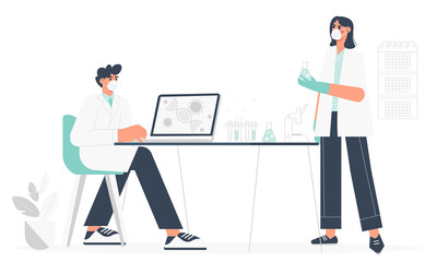 Development of a vaccine. Male and female laboratory technicians analyzes the results of research on vaccination by laptop. Flat vector illustration