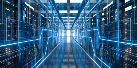 Server racks in computer network security server room data center, 3d rendering.