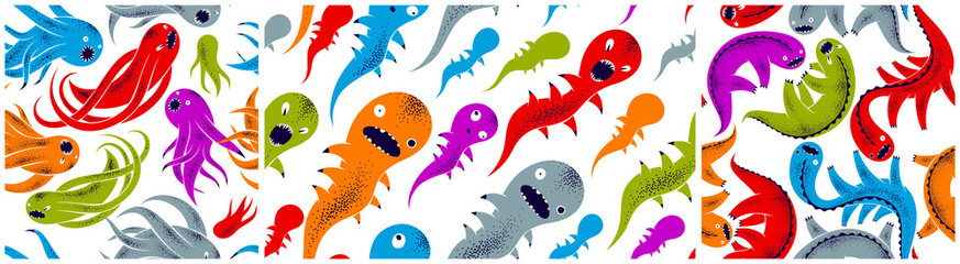 Scary horror monsters seamless vector textile pattern set, beasts creatures endless wallpaper, stylish background for Halloween theme, funny picture collection.