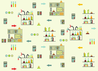 laboratory elements, pattern with shelves, flasks, devices, machines 