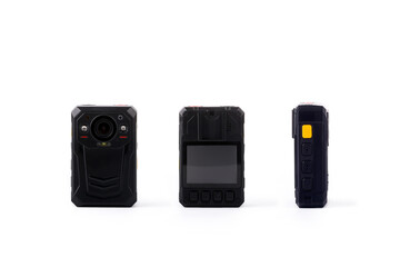 Officer body cam. Personal Wearable Video Recorder, Portable DVR, camera isolated on white...