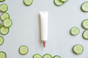 Moisturizer cream squeeze cosmetic tube with long nozzle and fresh sliced cucumber on green background with copy space. Natural organic cosmetics. Flatlay, mockup, top view.