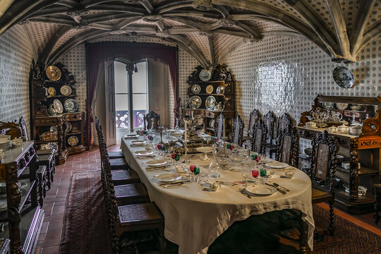 Interior of Pena National Palace (Palacio Nacional da Pena) - Romanticist palace in Sao Pedro de Penaferrim - one of Seven Wonders of Portugal. SINTRA, PORTUGAL. December 27, 2015.