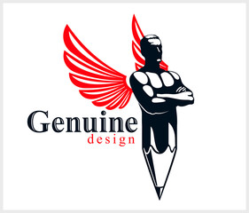 Strongman muscle man combined with pencil and wings into a symbol, strong design concept, creative power allegory, vector perfect classic style logo or icon.