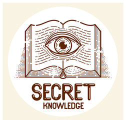 Secret knowledge vintage open book with all seeing eye in text lines, open your mind, insight and enlightenment, education and science or alchemy, vector logo or emblem design element.