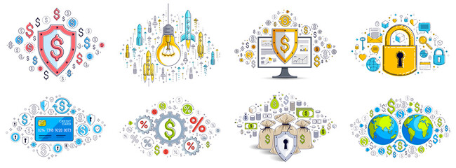 Fototapeta premium Business and finance theme different vector illustrations set with a lot of simple icons, trendy design drawings commercial theme collection, diversity of symbols and signs.