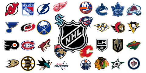 Fototapeta premium Logo of all national hockey league teams. NHL team icons. Set all the new hockey teams logos. Vector eps illustration.