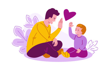 Father and son give five. Vector illustration for father's day. Flat cartoon style. Isolated on a white background.