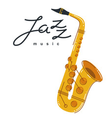 Obraz na płótnie Canvas Jazz music emblem or logo vector flat style illustration isolated, saxophone logotype for recording label or studio or musical band.