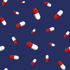 Vector seamless pattern with red and white pills, tablets, isolated on dark blue background. Medical preparations. Flat design. Color illustration.