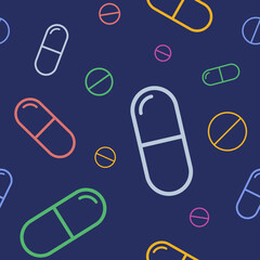 Vector seamless pattern with color pills, tablets, capsules, isolated on dark blue background. Medical preparations. Linear style design. Color illustration.