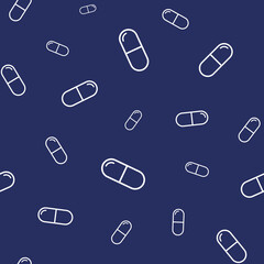 Vector seamless pattern with white pills, tablets, capsules, isolated on dark blue background. Medical preparations. Linear style design. Color illustration.