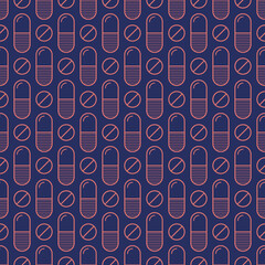 Vector seamless pattern with red color pills, tablets, capsules, isolated on blue background. Medical preparations. Linear style design. Color illustration.