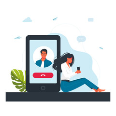 Video call conference concept.Young people making video call through smartphone app. Social distancing.Remote project management.Business discussion. communication, dating concept. vector illustration