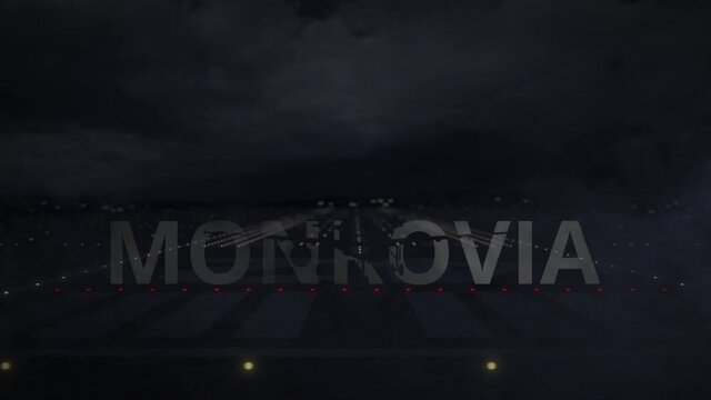 MONROVIA city name and airplane taking off from the airport at night. 3d animation