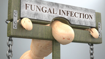 Fungal infection that affect and destroy human life - symbolized by a figure in pillory to show Fungal infection's effect and how bad, limiting and negative impact it has, 3d illustration - obrazy, fototapety, plakaty