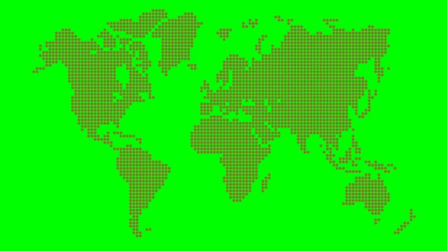 Animated brown world map from point pattern. Vector illustration isolated on a green background.
