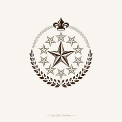 Pentagonal Stars emblem created with royal lily flower and floral ornament, union theme symbol. Heraldic Coat of Arms, vintage vector logo.